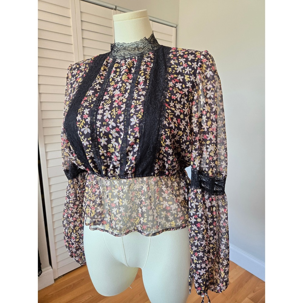 Topshop Floral Lace Trim Mock Neck Sheer Blouse Sz 10 Cottage Romantic Victorian - Picture 3 of 10